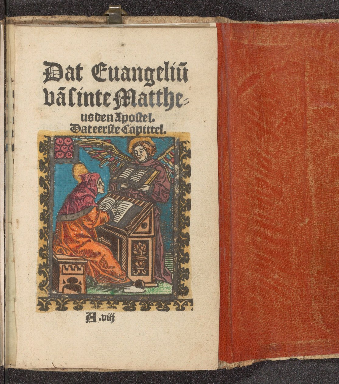 Evangelisten Matteus skriver sitt evangelium Det evangelium om aposteln Sinte Mattheus. Det första kapitlet (titel på objekt) Stupid Passion (serietitel) av Anonymous