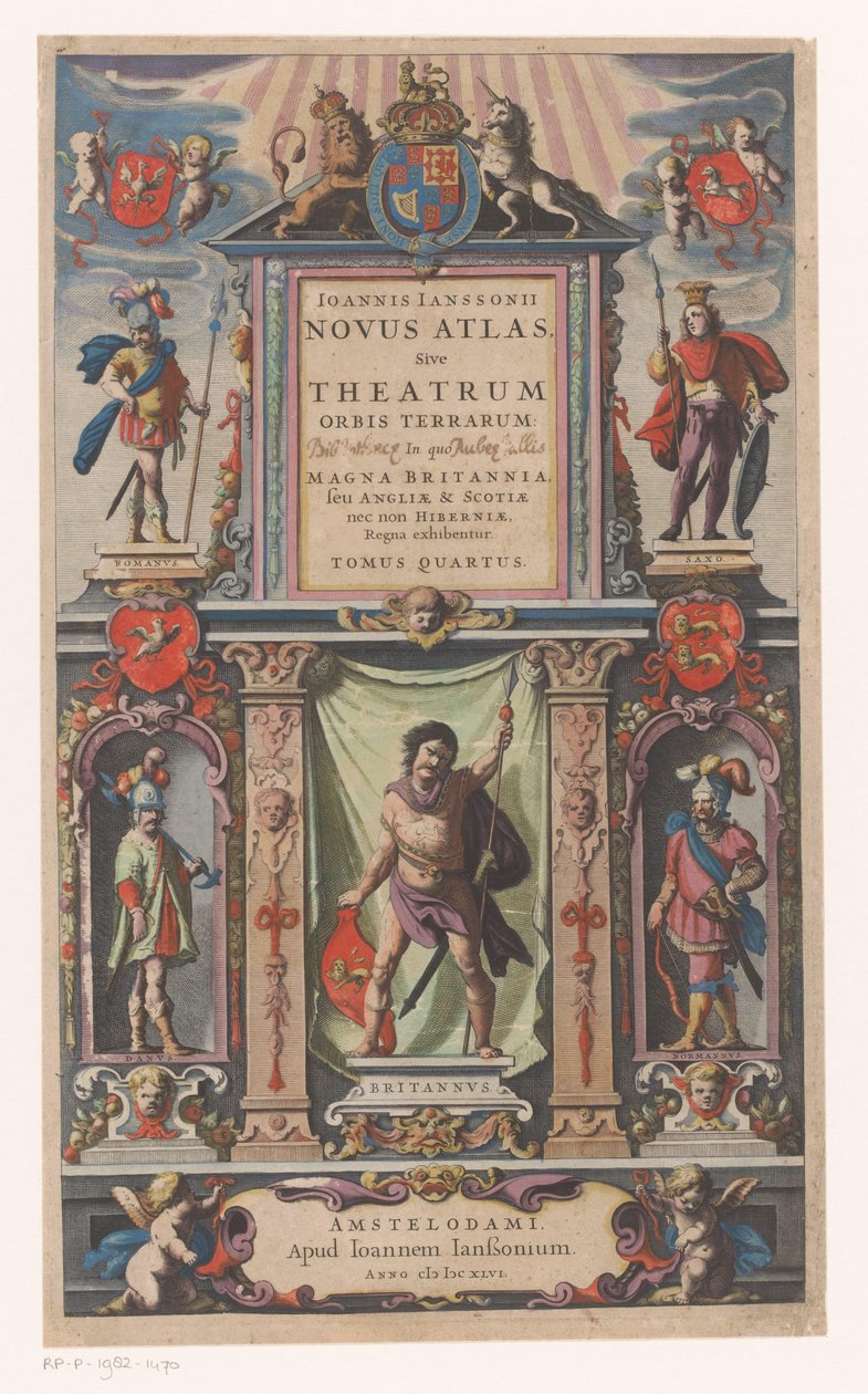 Fasad med personifieringar av fem befolkningsgrupper Titelsida för: Johannes Janssonius, Novus atlas, Sive theatrum (...) Tomus quartus, 1646 av Anonymous