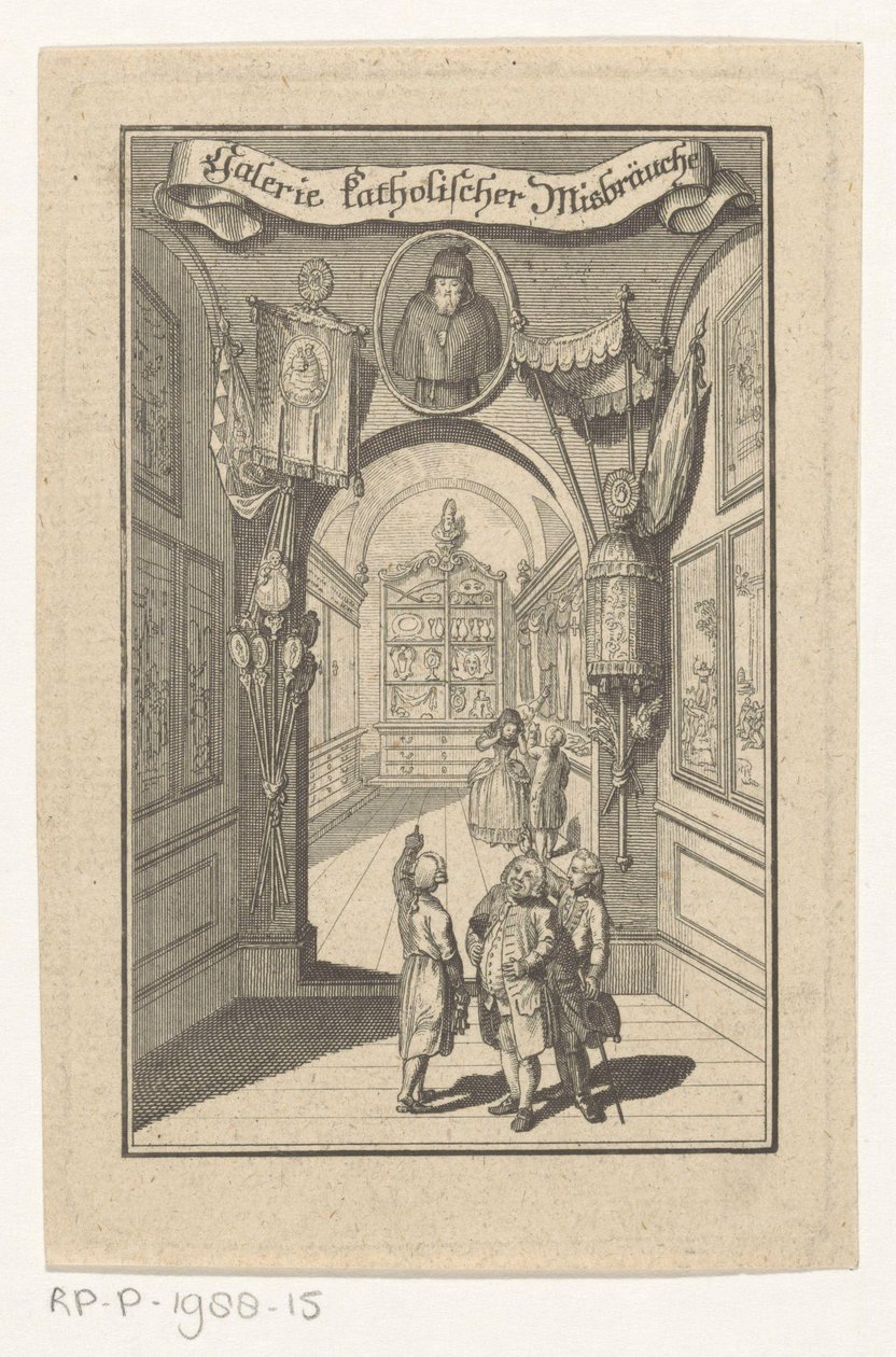 Figurer i galleri mötte porträtt i liturgiska föremål Gallery of Catholic Abuses (titel på objekt) Försättsblad för: Joseph Richter, Picture Gallery of Catholic Abuses, 1784 av Anonymous