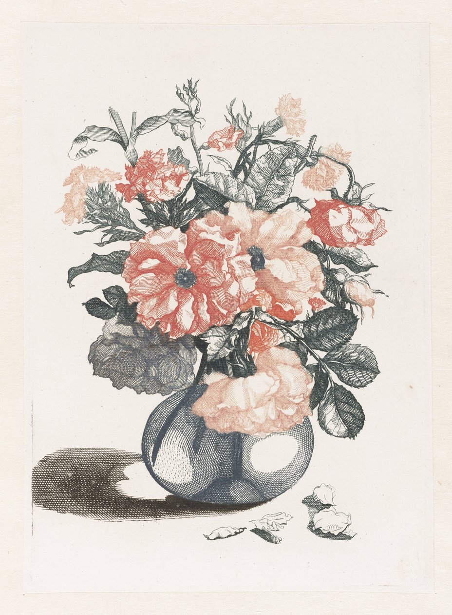 Fem tryck av blommor i glasvaser Glasvas med blommor, bredvid kronblad av Anonymous