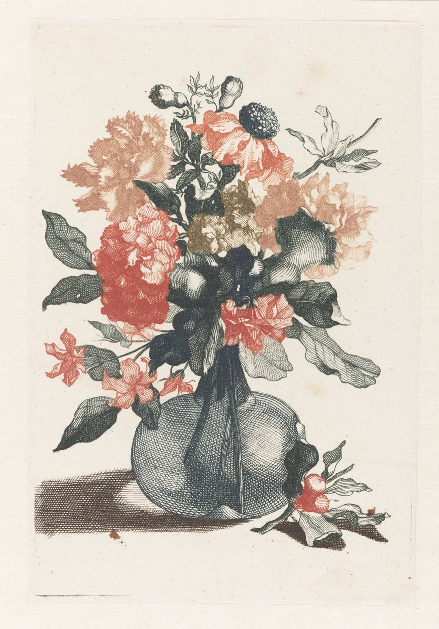 Fem tryck av blommor i glasvaser Glasvas med blommor och en gren med blomma framför vasen av Anonymous