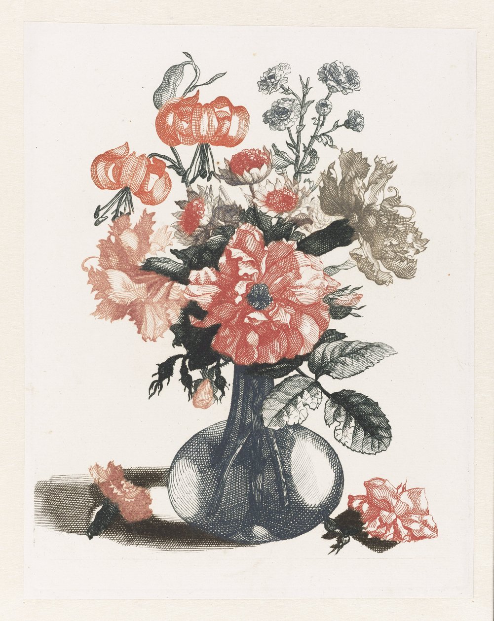 Fem tryck av blommor i glasvaser Glasvas med blommor, bredvid en blomma till vänster och höger av Anonymous