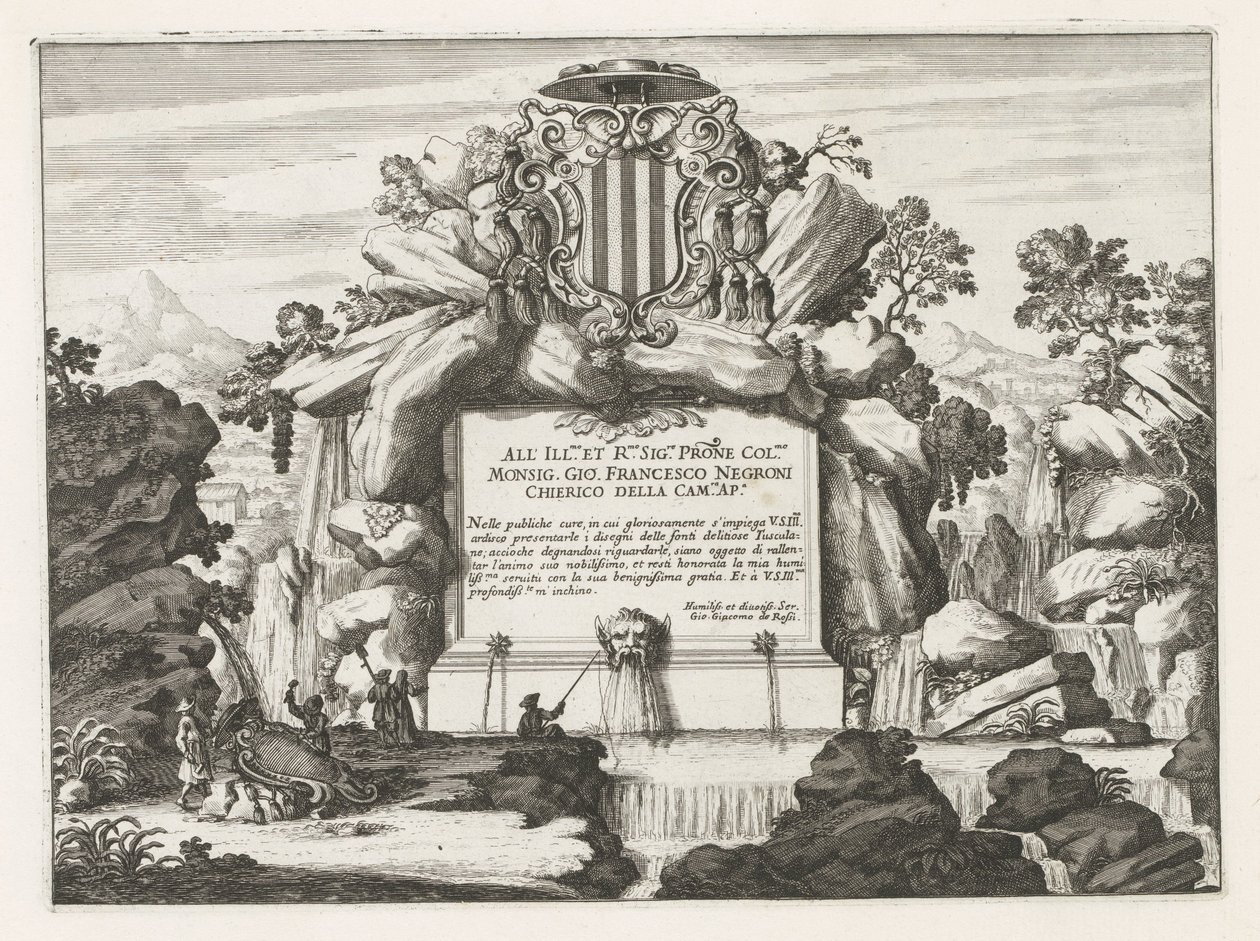 Fontän med dedikation till och vapensköld av Giovanni Francesco Negroni Fontane delle ville di Frascati (serietitel) Fountains of Frascati (serietitel) av Anonymous