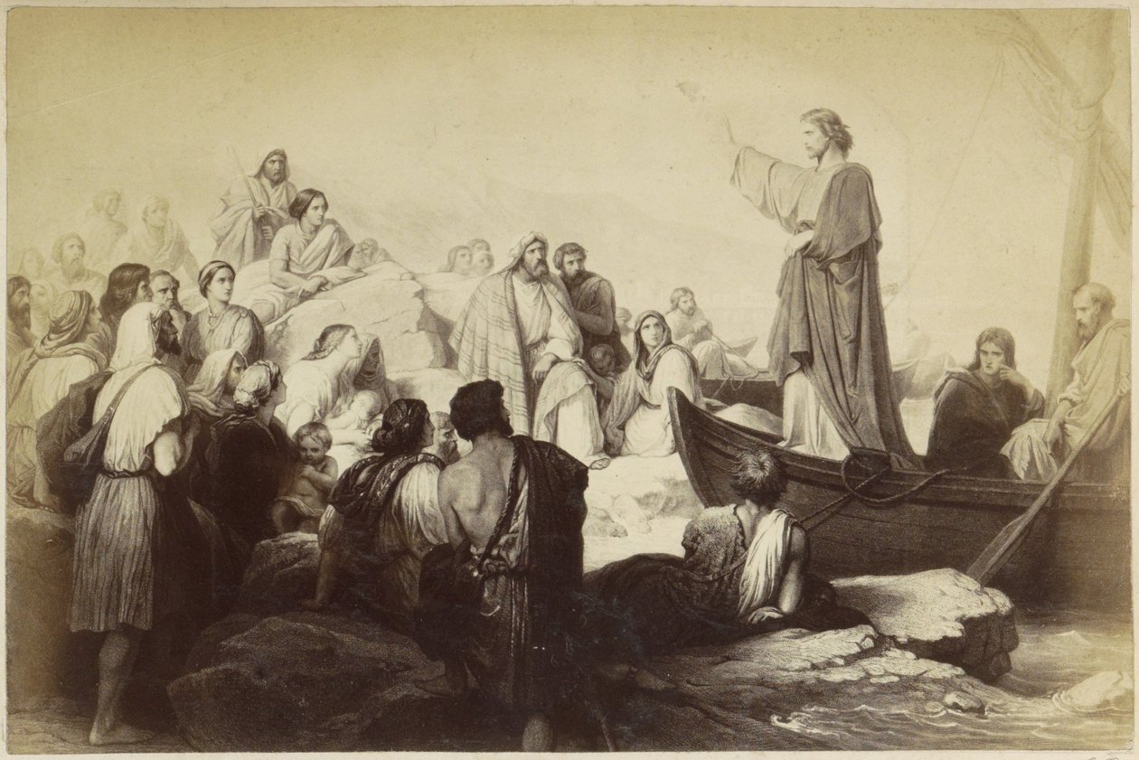 Fotoreproduktion av (förmodligen) ett tryck av Jesus som predikar från en båt av Anonymous