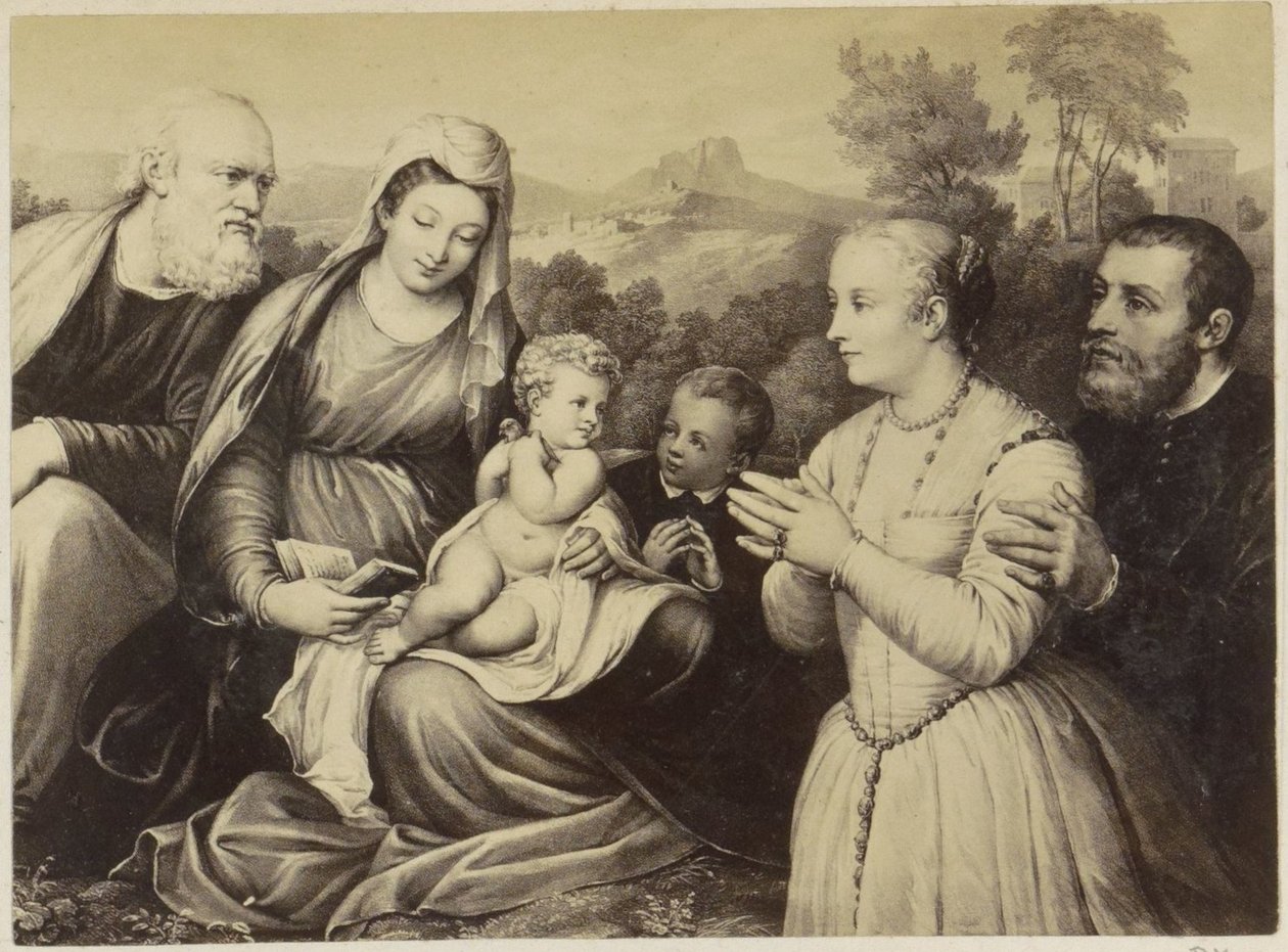 Fotoreproduktion av (förmodligen) ett tryck av den heliga familjen och grundarna av Anonymous