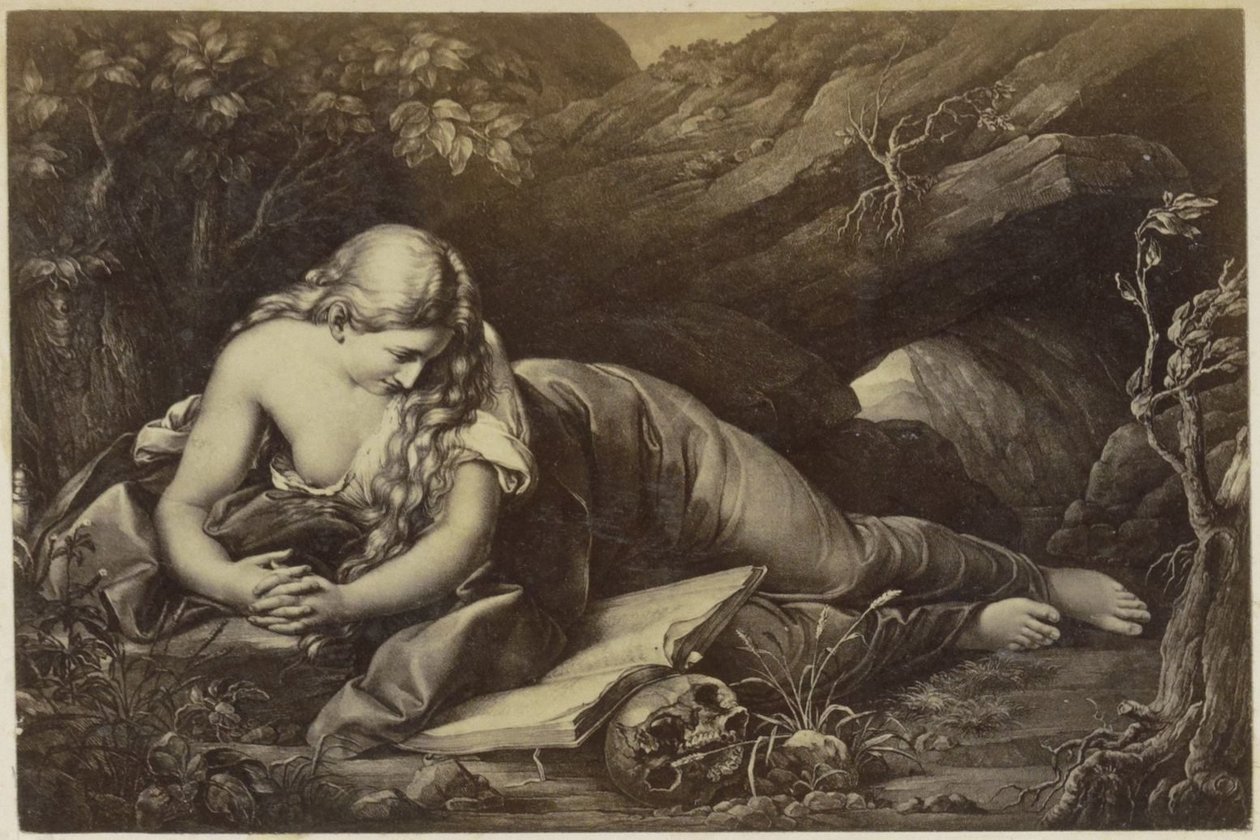 Fotoreproduktion av (förmodligen) ett tryck av en bedjande Maria Magdalena i vildmarken av Anonymous