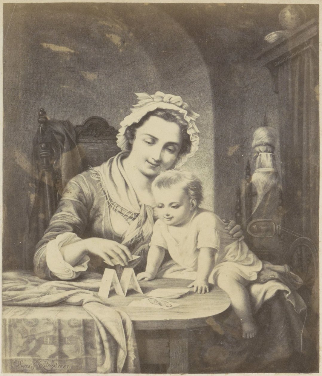 Fotoreproduktion av (förmodligen) ett tryck av en mamma som bygger ett korthus med sitt barn av Anonymous