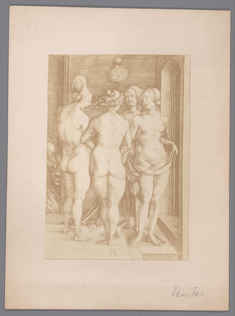 Fotoreproduktion av en gravyr av fyra nakna kvinnor av Albrecht Dürer av Anonymous