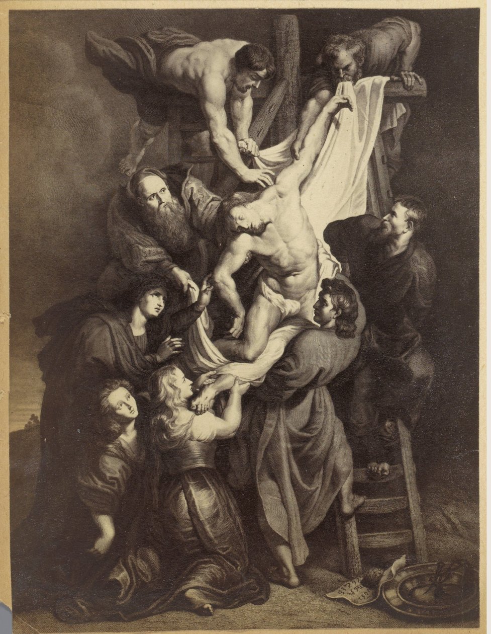 Fotoreproduktion av ett tryck efter målningen Descent from the Cross av Peter Paul Rubens av Anonymous