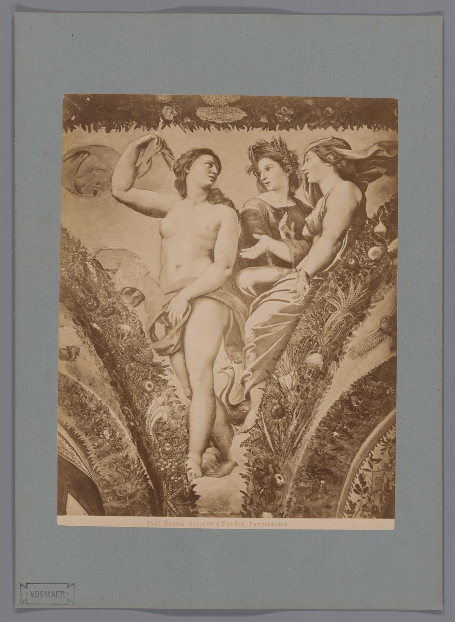 Fotoreproduktion av fresken Amor en Psyche i Loggia di Psyche, Villa Farnesina i Rom Rom. Amor och Psyche. Farnesina (titel på objekt) av Anonymous