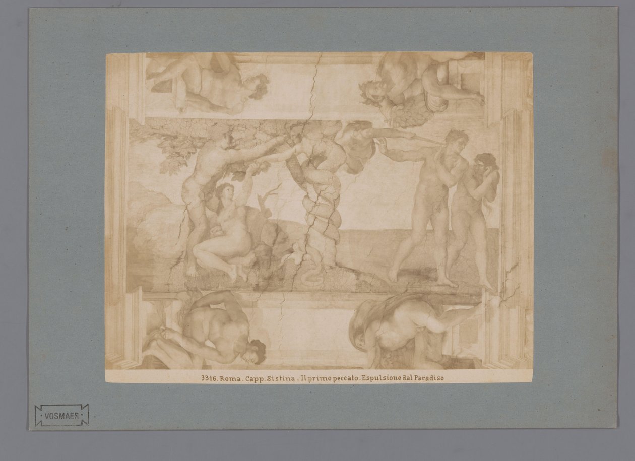 Fotoreproduktion av fresken The Fall and Expulsion from Paradise av Michelangelo i Sixtinska kapellet Roma. capp. sistina. Il primo peccato. Espulsione dal Paradiso (titel på objekt) av Anonymous
