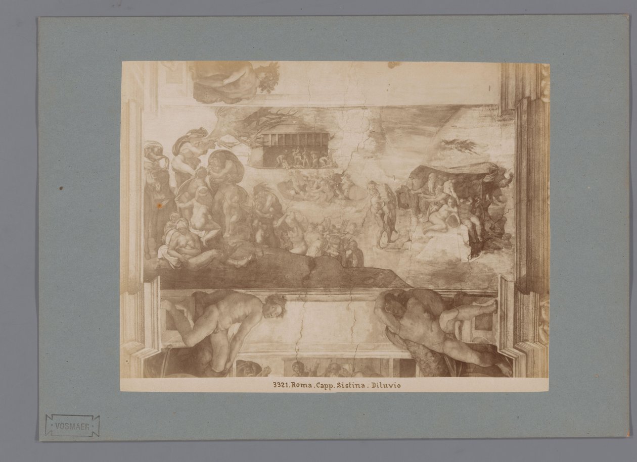 Fotoreproduktion av fresken The Flod av Michelangelo i Sixtinska kapellet Roma. capp. sistina. Diluvio (titel på objekt) av Anonymous