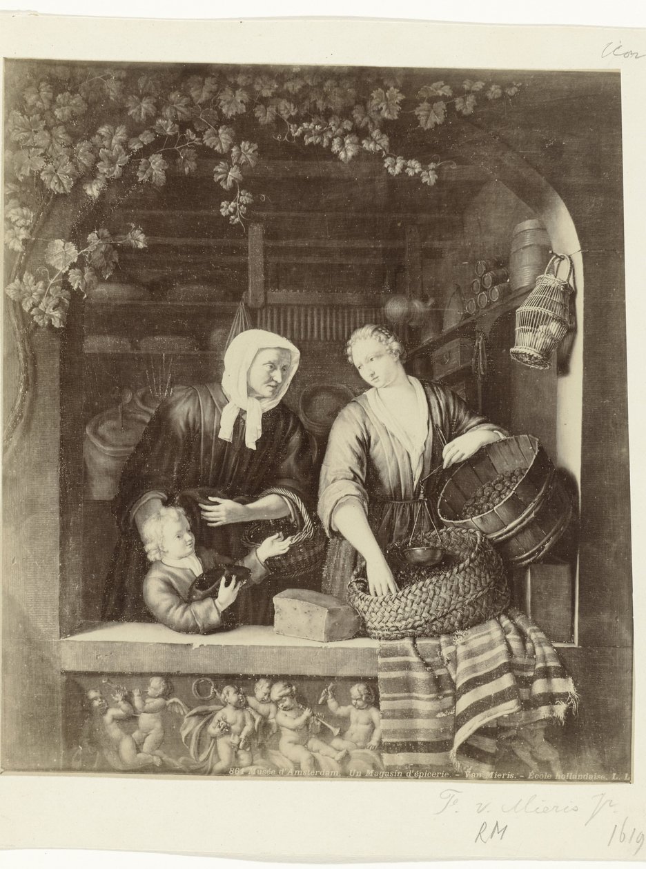 Fotoreproduktion av målningen The Grocery av Frans van Mieris II Musée d