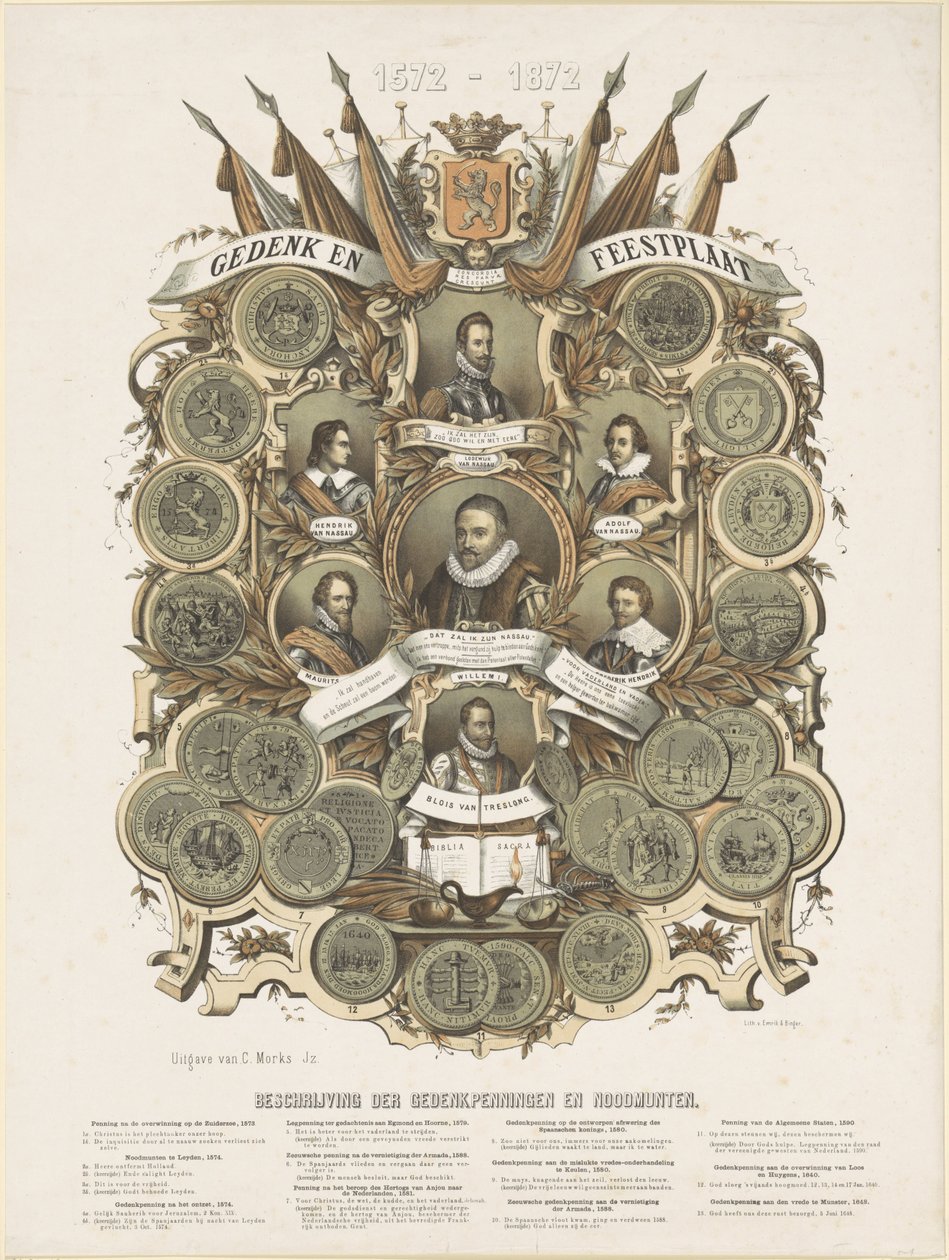 Jubileums- och festplakett med porträtt av Vilhelm I, Prins av Orange, hans söner Maurits och Frederik Hendrik, Prinsar av Orange, hans bröder Lodewijk, Adolf och Hendrik, grevar av Nassau, och Willem Bloys van Treslong av Anonymous