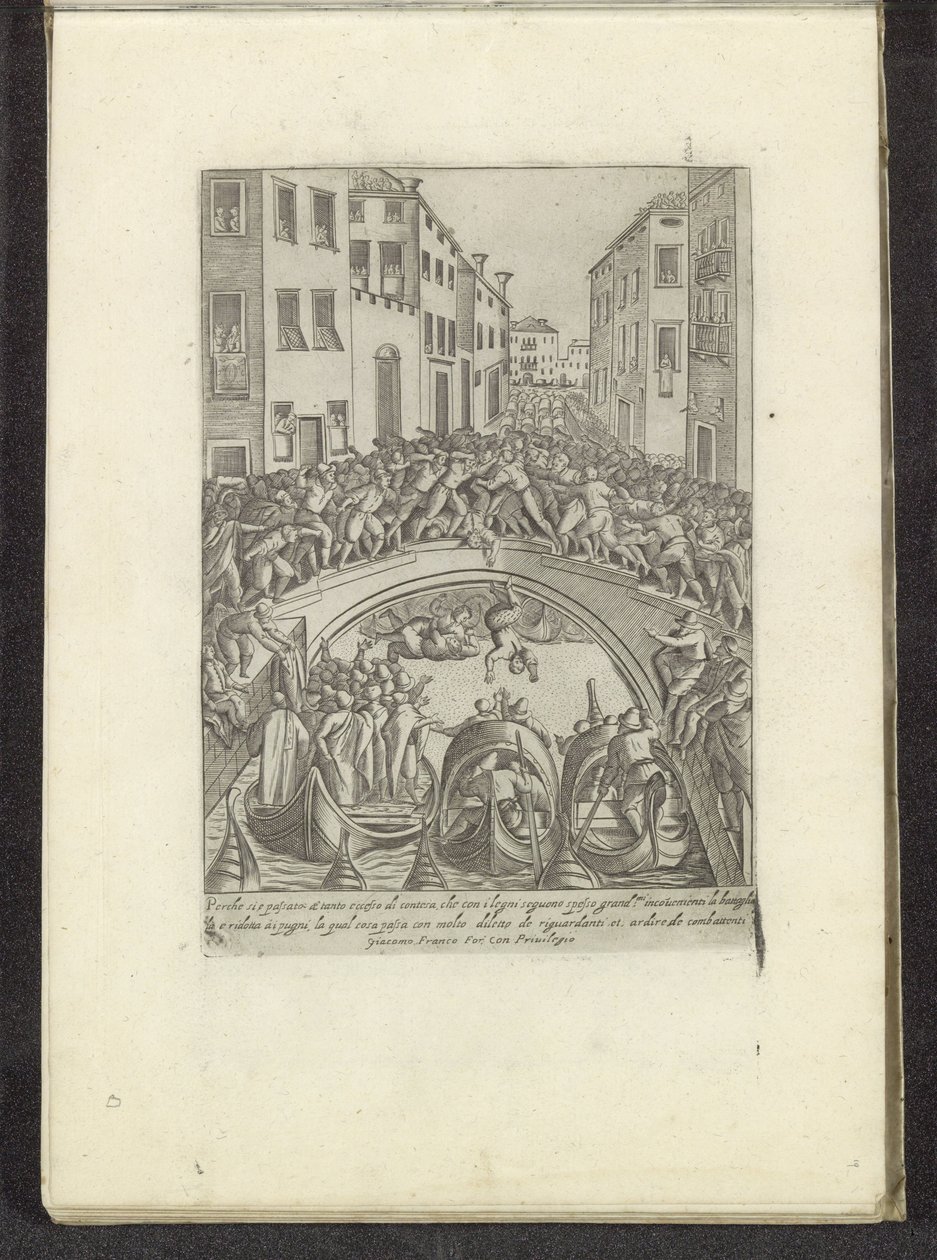 Gevecht op en brug i Venedig Scènes uit het Venetiaanse leven (serietitel) Mäns och venetianska kvinnors vanor med processionen av Ser. ma Signoria och andra detaljer, d.v.s. triumfer, festivaler och offentliga ceremonier i den adliga staden Venedig (s) av Anonymous