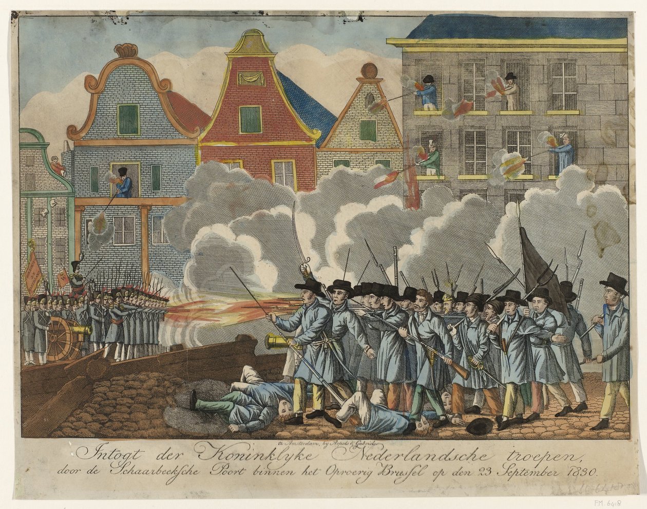 Strid vid Schaerbeekse Poort i Bryssel, 1830 Intogt der Koninklyke holländska trupper, genom Schaarbeeksche Poort inom det rebelliska Bryssel den 23 september 1830 (titel på objekt) av Anonymous