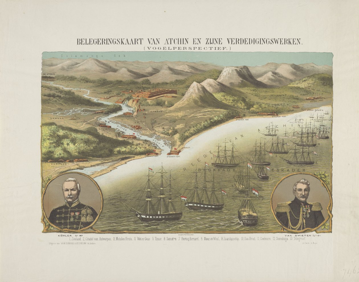 Utsikt över Aceh under den andra Aceh-expeditionen, 1873-1874 Belägringskarta över Atchin och hans försvar. (Fågelperspektiv.) (titel på objekt) av Anonymous