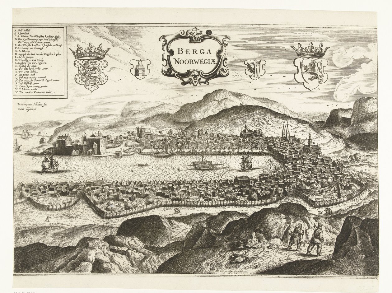 Utsikt över Bergen (Norge), 1665 Berga Norwayiae (titel på objekt) av Anonymous