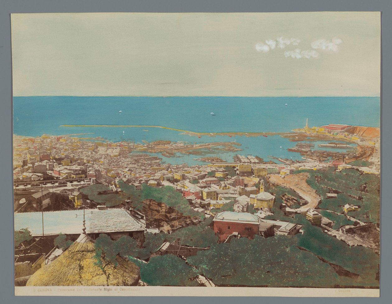 Utsikt över Genua och Linguriska havet, Italien Panoramadalen Ristorante Righi al Castellaccio (titel på objektet) Genova (serietitel på objekt) av Anonymous