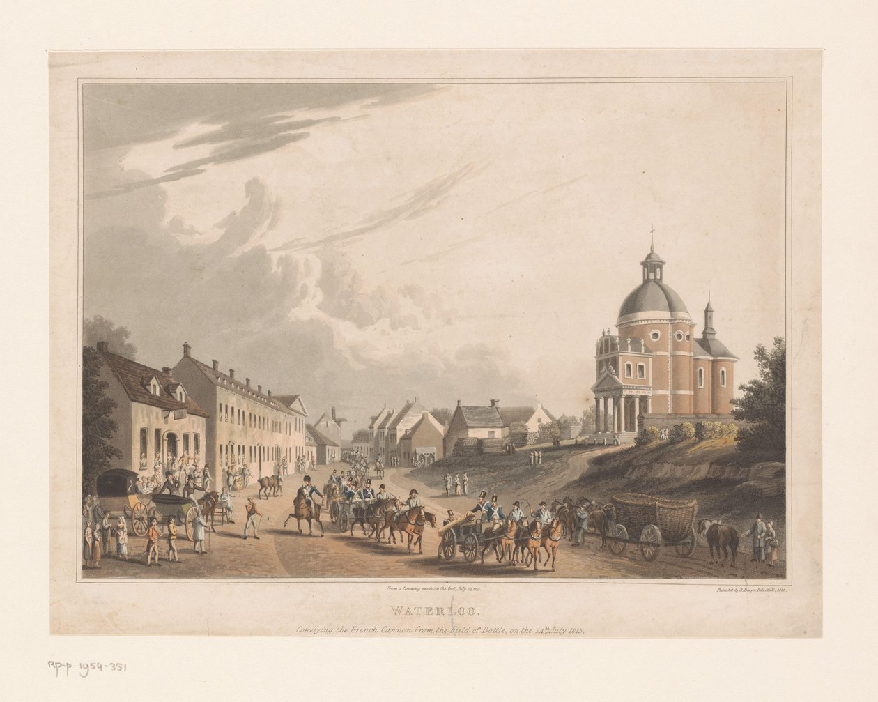 Utsikt över Waterloo där franska trupper flyttar en kanon Waterloo. Förmedling av den franska kanonen från stridsfältet, den 24 juli 1815 (titel på objekt) av Anonymous