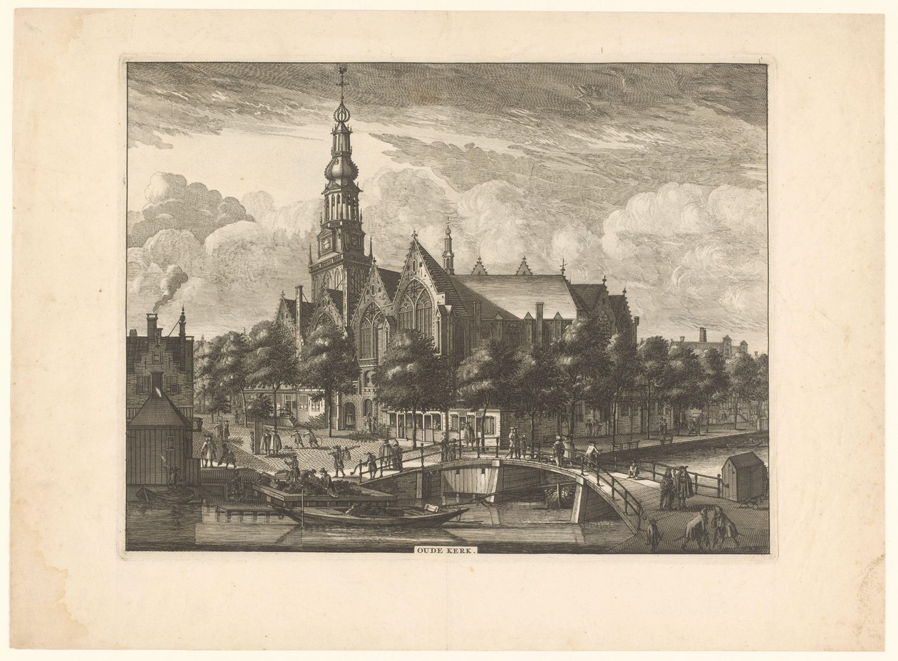 Utsikt över Oude Kerk i Amsterdam från Oudezijds Voorburgwal Gamla kyrkan (titel på objekt) av Anonymous
