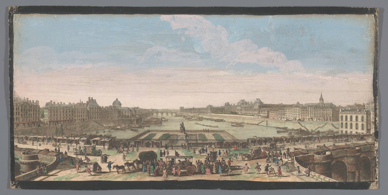 Utsikt över Pont Neuf över floden Seine i Paris, med utsikt mot Pont Royal Autre vue private de Paris prize du milieu du Pont Neuf regardant vers le Pont Royal (titel på objekt) av Anonymous