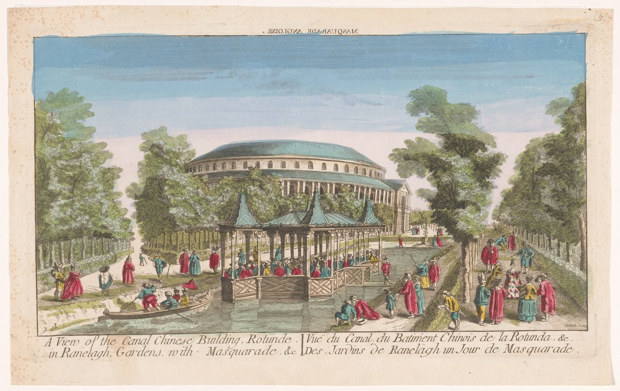 Utsikt över Rotundan och den kinesiska paviljongen på kanalen i Londons Ranelagh Gardens med en maskeradbal En vy av den kinesiska kanalbyggnaden, Rotunde i Ranelagh, trädgårdar, med maskerad. &c (titel på objekt) av Anonymous