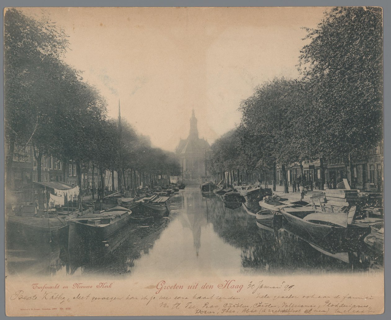 Utsikt över Turfmarkt och Nieuwe Kerk i Haag Hälsningar från Haag; Turfmarkt och Nieuwe Kerk (titel på objekt) av Anonymous