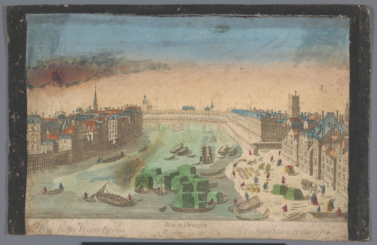 Utsikt över den bebyggda Pont Notre-Dame över floden Seine i Paris Vue d