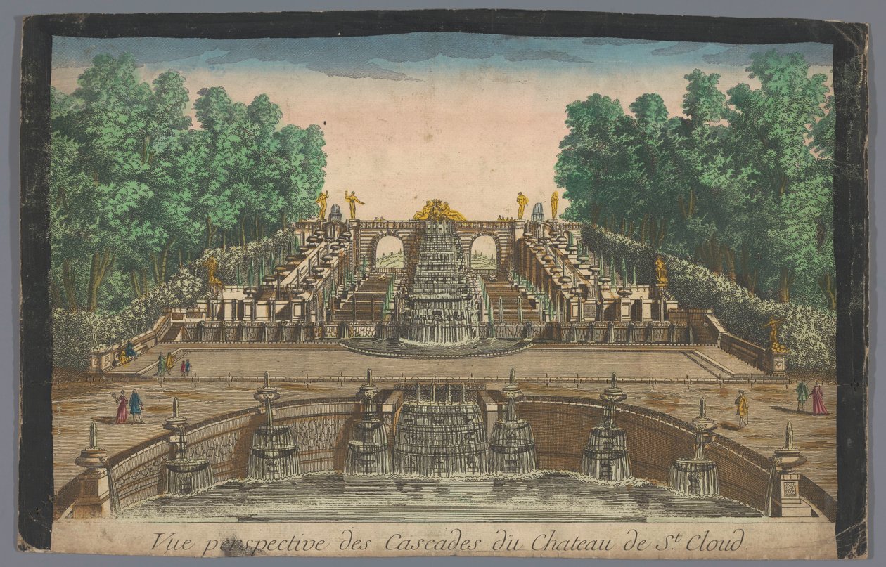 Utsikt över kaskaderna i trädgården på Château de Saint-Cloud Vue perspective des cascades du Chateau de St. Cloud (titel på objekt) av Anonymous