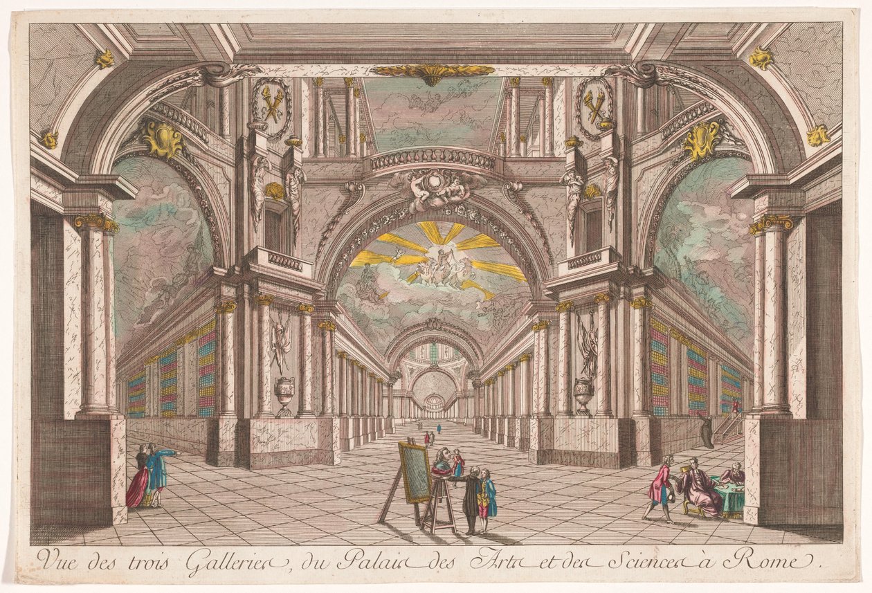 Utsikt över de tre gallerierna i Palace of Art and Science i Rom Vue des trois galleries, du Palais des Arts et des Sciences i Rom (titel på objekt) av Anonymous