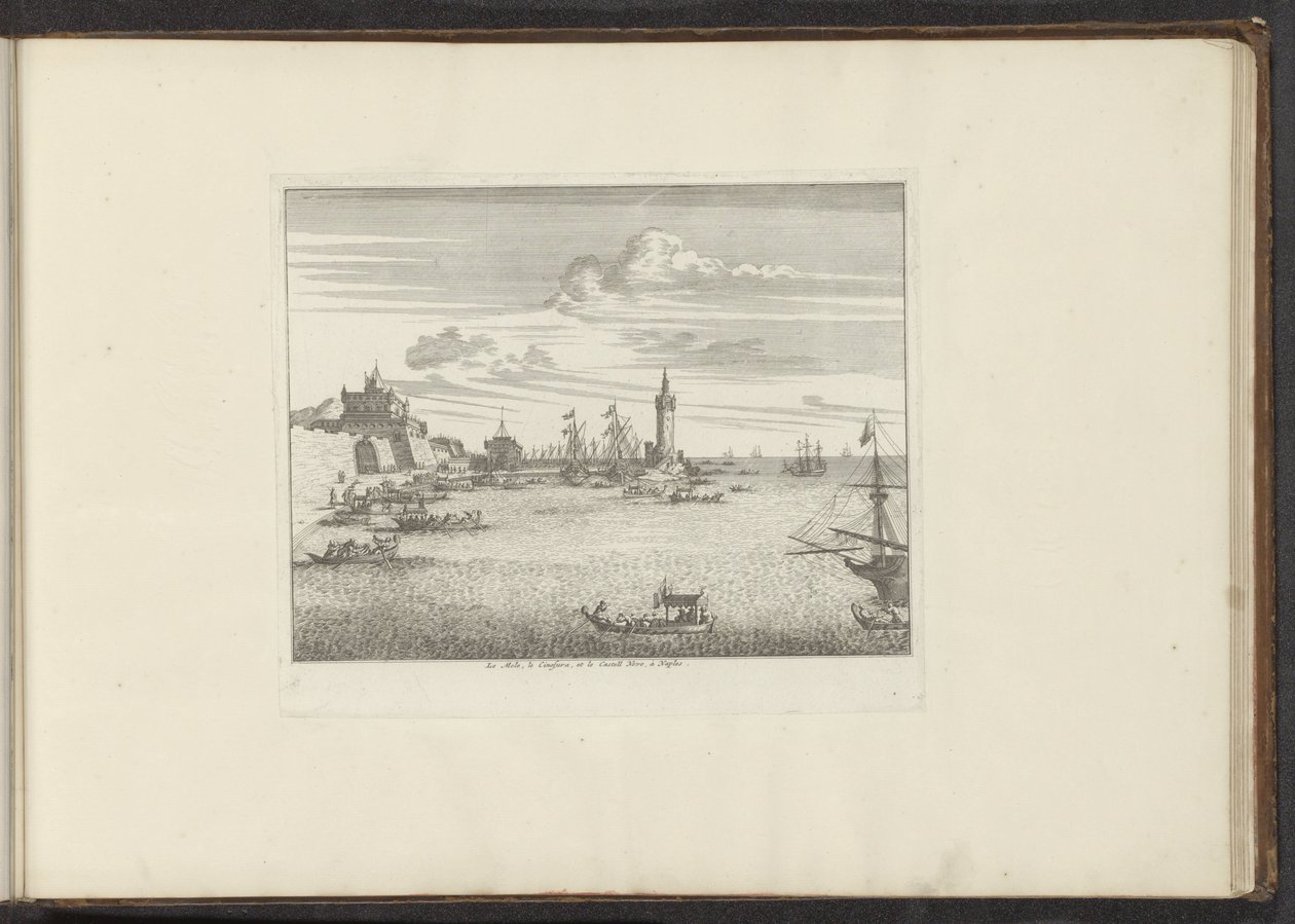Utsikt över hamnen med en fyr och ett palats i Neapel Le Mole, le Cinosura, et le Castell Novo, à Neapel (titel på objekt) Palats och monument i Venedig, Livorno, Neapel och Rom (serietitel) av Anonymous