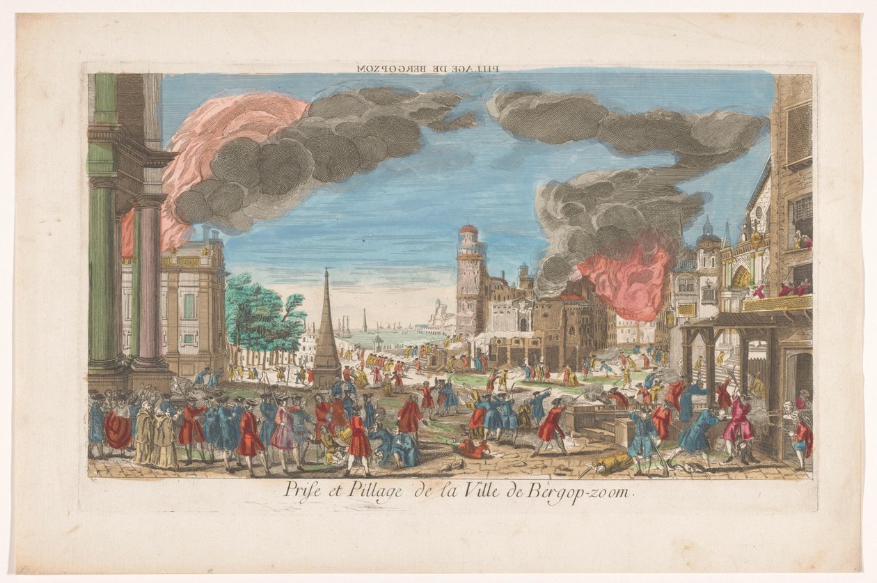 Utsikt över fransmännens fångst och plundring av Bergen op Zoom 1747 Pillage de Bergopzom (titel på objekt) av Anonymous