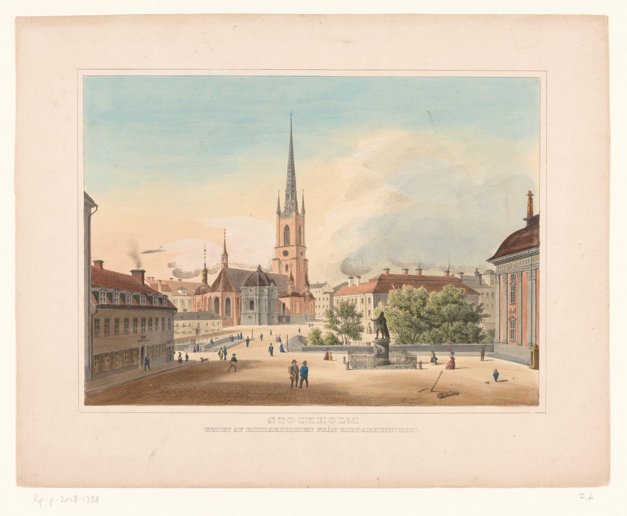 Utsikt över Riddarholmens kyrka i Stockholm Stockholm. Utsigt af Riddakholmen fran Riddarhustorget (titel på objekt) av Anonymous