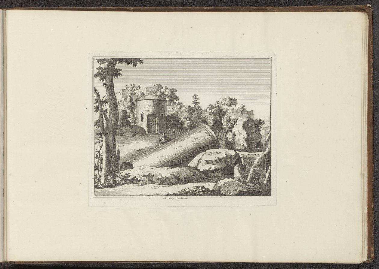 Vy över ruinerna av M. Curty M. Curty Sepulchrum (titel på objekt) Palats och monument i Venedig, Livorno, Neapel och Rom (serietitel) av Anonymous