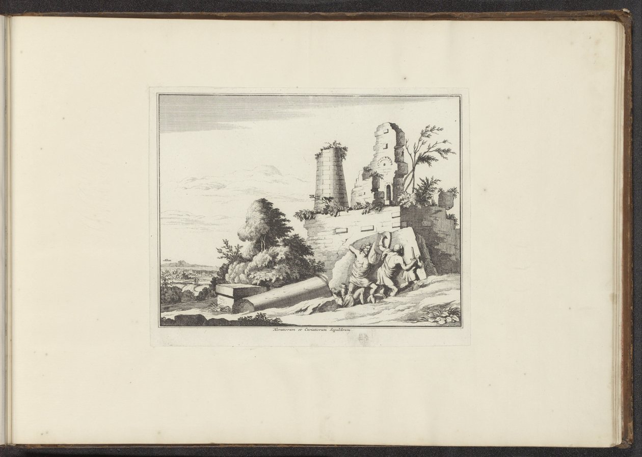Utsikt över ruinerna av graven Horatii och Curatii i Rom Horatiorum et Curatiorum Sepulchrum (titel på objekt) Palats och monument i Venedig, Livorno, Neapel och Rom (serietitel) av Anonymous