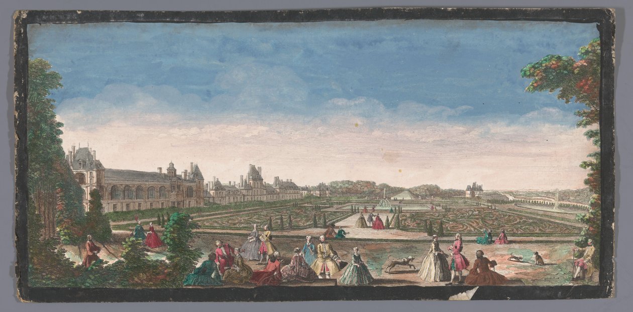 Se över trädgården på Palace of Fontainebleau Utsikt över en del av Château de Fontainebleau och parterren (titel på objektet) av Anonymous