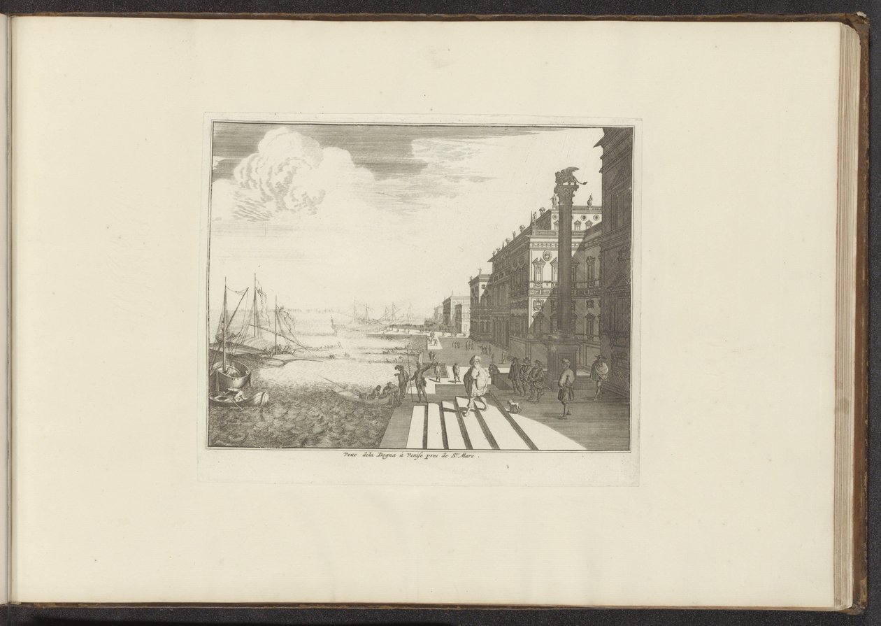 Utsikt över en kaj i Venedig med Markus lejon på en kolumn Veue dela Dogna à Venise pres de St. Marc (titel på objekt) Palats och monument i Venedig, Livorno, Neapel och Rom (serietitel) av Anonymous