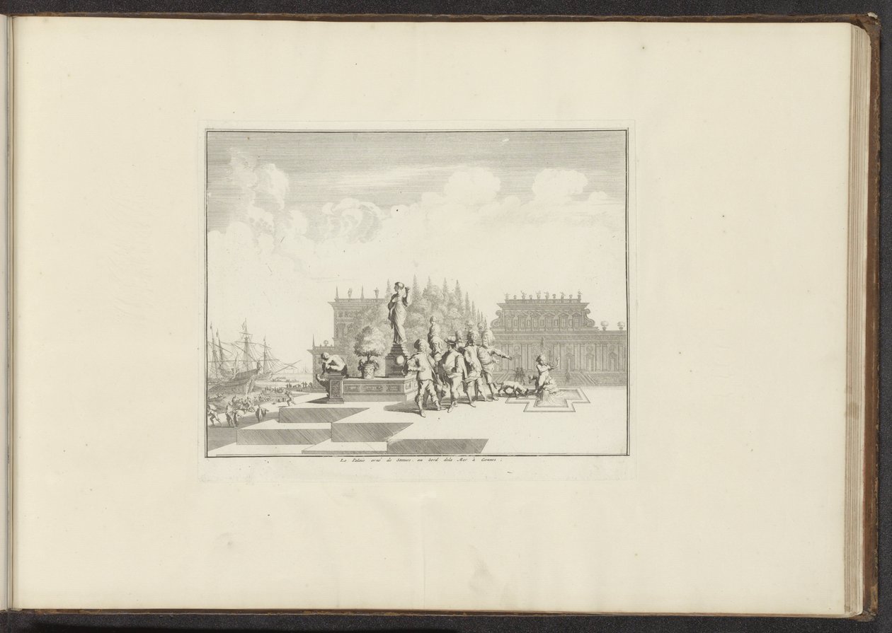 Vy över ett palats och statyer vid vattnet i Genua Le Palais orné de Statues, au bord dela Mer à Gennes (titel på objekt) Palats och monument i Venedig, Livorno, Neapel och Rom (serietitel) av Anonymous