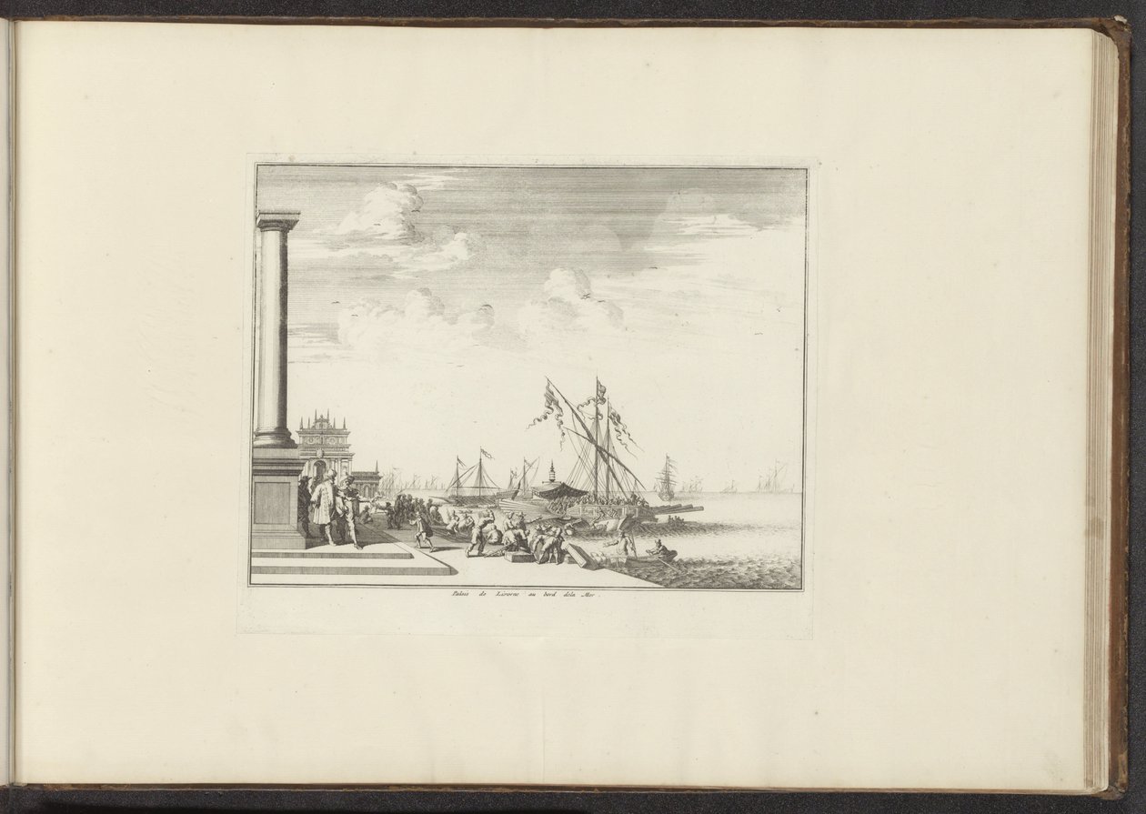 Utsikt över ett palats i Livorno Palais de Livorne au bord dela Mer (titel på objekt) Palats och monument i Venedig, Livorno, Neapel och Rom (serietitel) av Anonymous