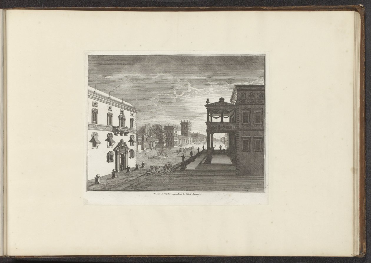 Utsikt över ett palats i Neapel vid solnedgången Palais à Neapels guvernör le Soleil Levant (titel på objektet) Palats och monument i Venedig, Livorno, Neapel och Rom (serietitel) av Anonymous