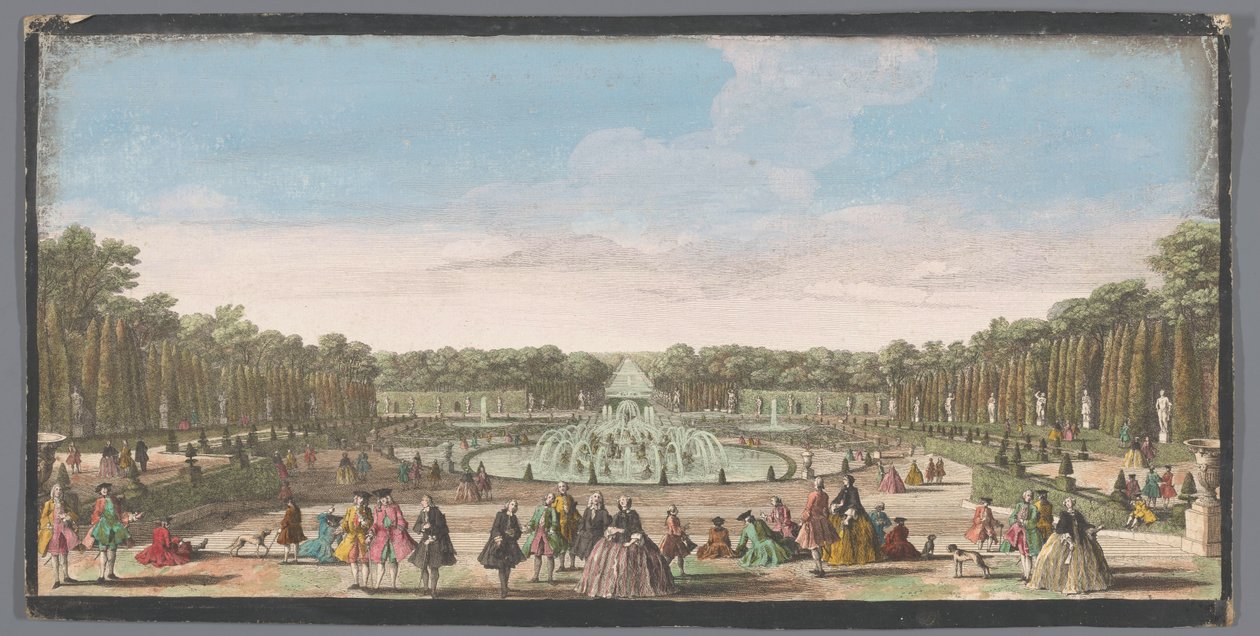 Utsikt över Bassin de Latone i trädgården i Versailles Utsikt över Latonebassängen från kanten av slottets terrass (titel på objektet) av Anonymous