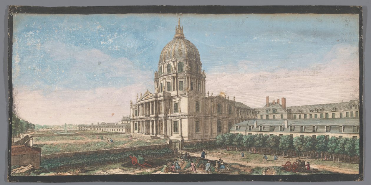 Visa på Hotel des Invalides i Paris Vy över frontispicen på kyrkans kupol och en del av byggnaderna på Hôtel Royal des Invalides (titel på objektet) av Anonymous