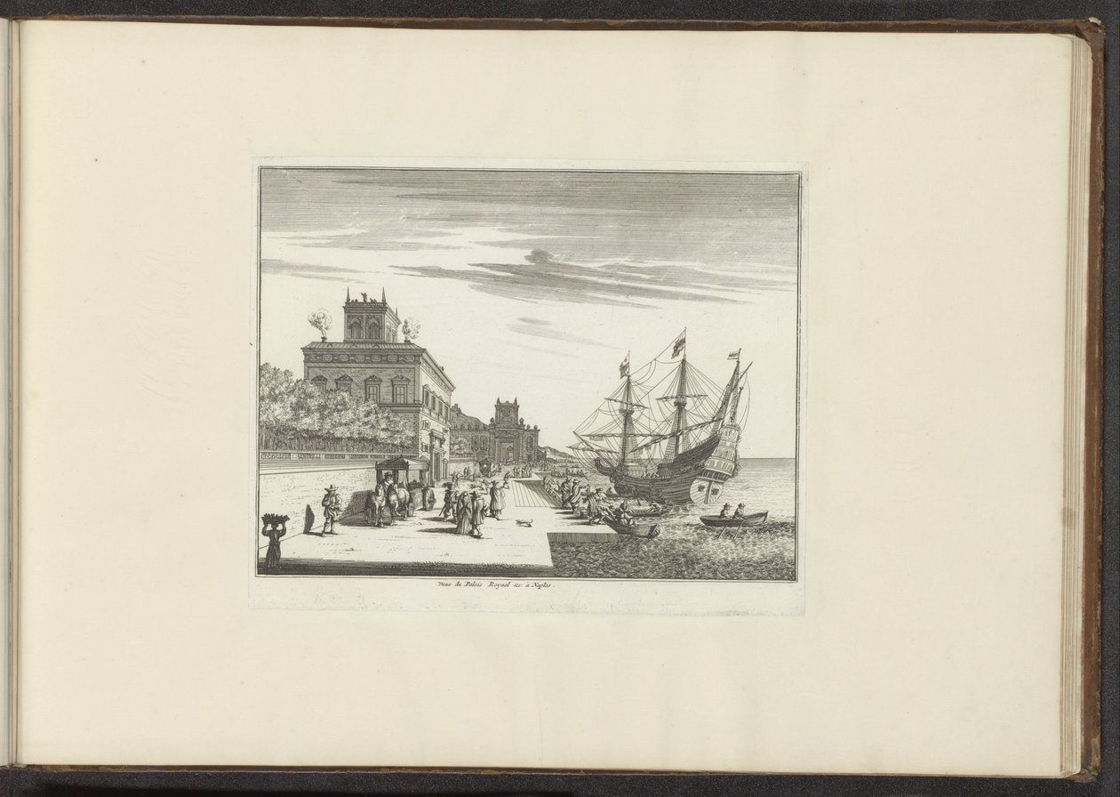 Utsikt över det kungliga palatset vid havet i Neapel Veue du Palais Royael &c: à Neapel (titel på objekt) Palats och monument i Venedig, Livorno, Neapel och Rom (serietitel) av Anonymous