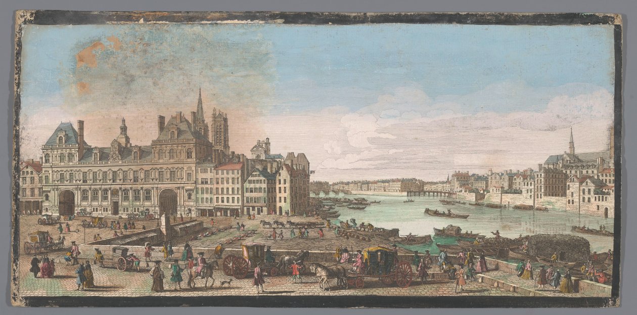 Se över Stadshuset och Seine-stranden i Paris Utsikt över Paris stadshus. Där vi på avstånd ser Pont Marie och Pont de Bois som kallas Pont Rouge (titel på objektet) av Anonymous