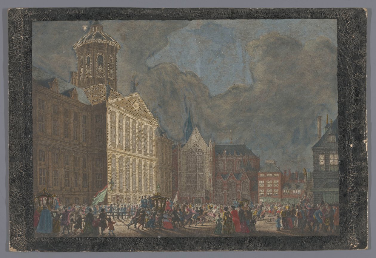 Utsikt över stadshuset i Amsterdam med ankomsten av Willem V och Wilhelmina van Pruisen på Damtorget den 31 maj 1768 av Anonymous