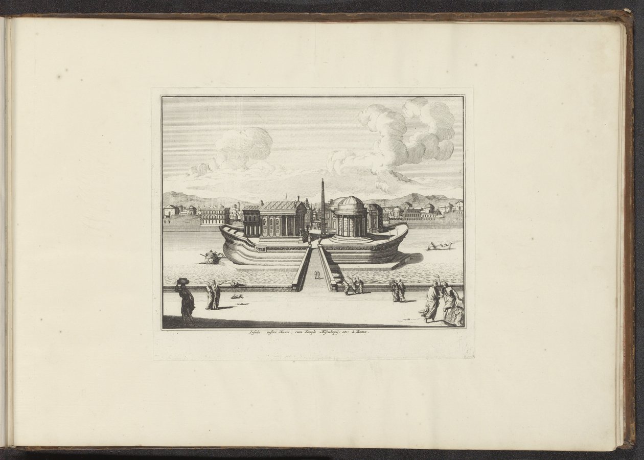 Utsikt över Tiberön i Rom Insula instar Navis, cum Templo Aesculapij. etc: à Rom (titel på objekt) Palats och monument i Venedig, Livorno, Neapel och Rom (serietitel) av Anonymous