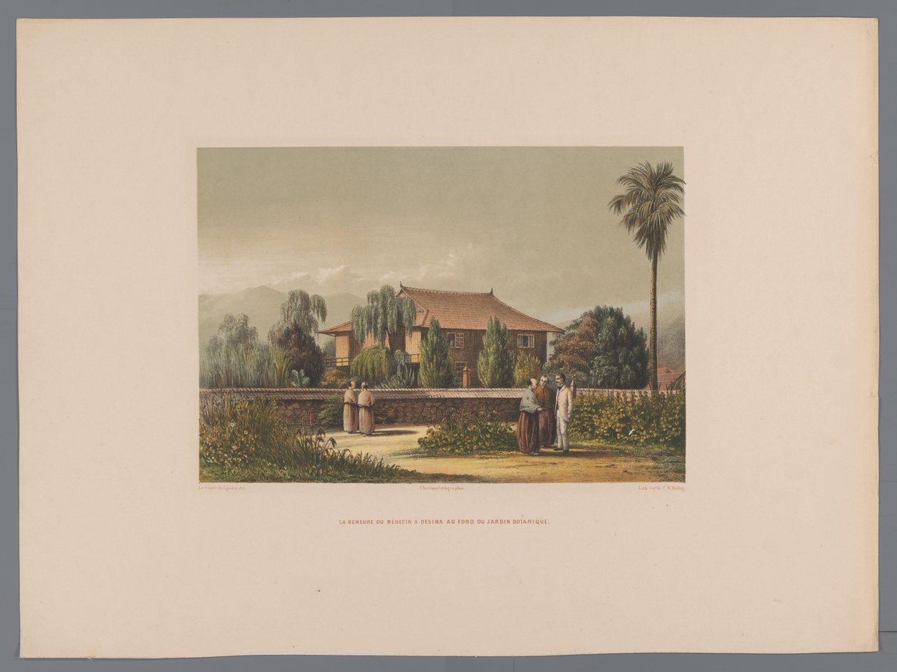 Utsikt över huset till doktorn i Deshima, med den botaniska trädgården i förgrunden La demeure du médecin à Desima au fond du jardin botanique (titel på objekt) Souvenir du Japon vues d