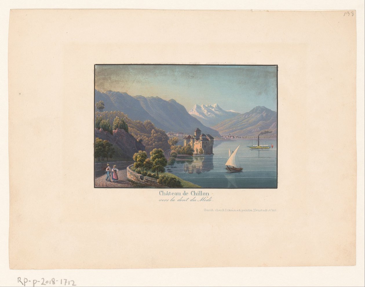 Utsikt över Chillon kasteel Castle Châteay de Chillon vers la dent du midi (titel på objekt) av Anonymous