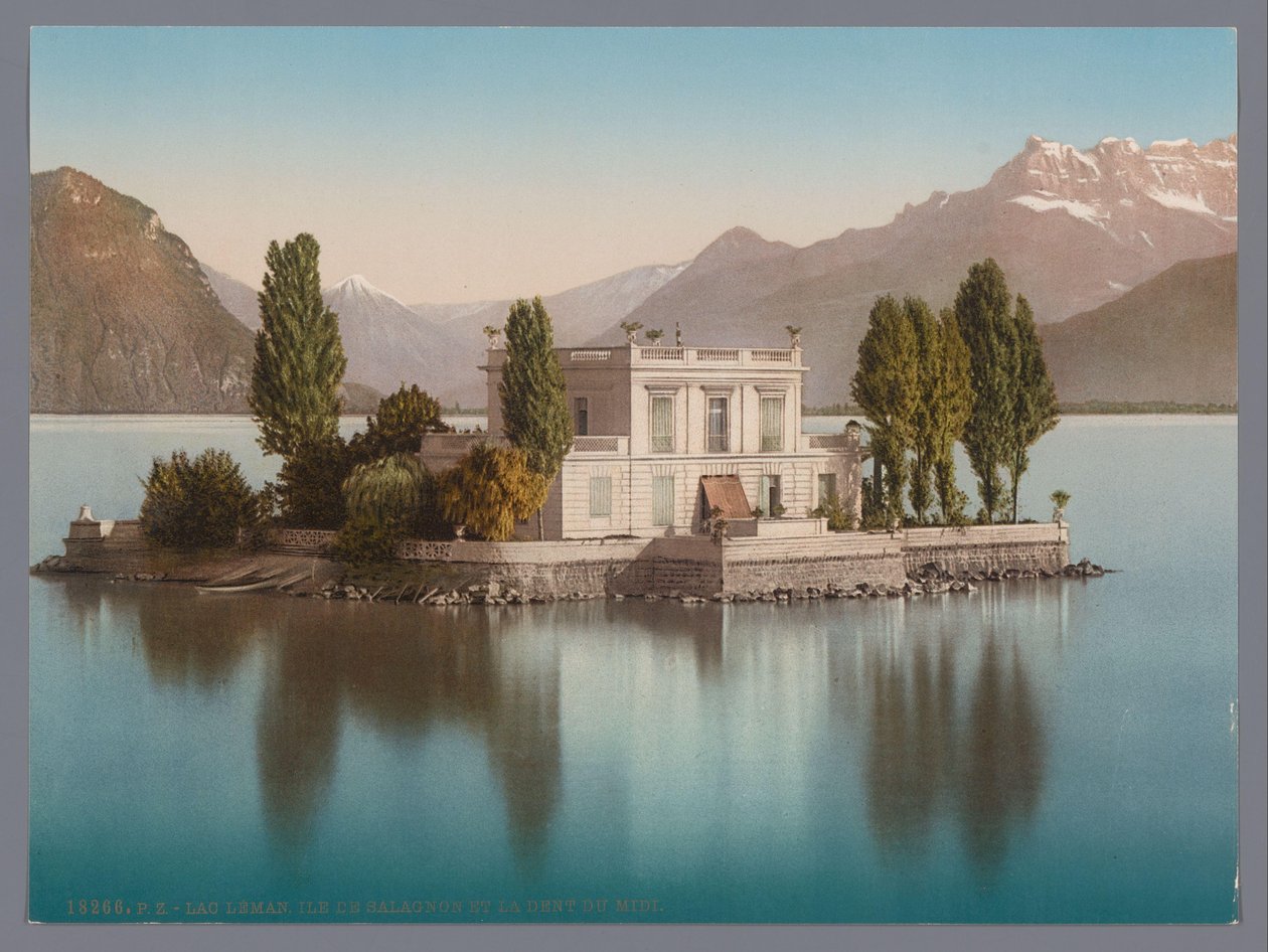Utsikt över Île de Salagnon i Genèvesjön, i bakgrunden Dents du Midi lac Léman, Ile de Salagnon et la Dent du Midi (titel på objekt) av Anonymous